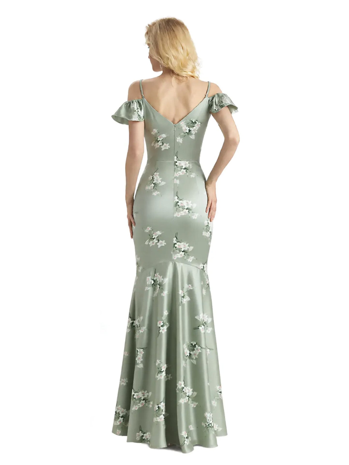 Beautiful Mermaid Cold Shoulder Floral Satin Maxi Floral Formal Dresses For Women