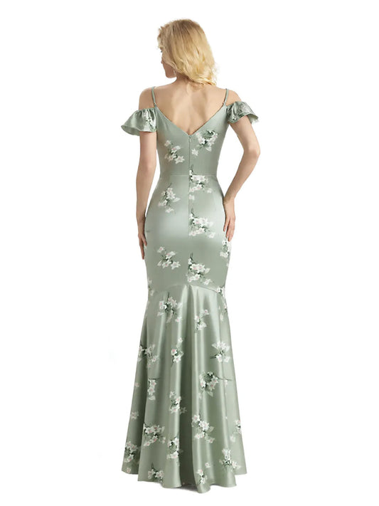Beautiful Mermaid Cold Shoulder Floral Satin Maxi Floral Formal Dresses For Women