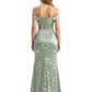 Simple Off Shoulder Side Slit Mermaid Long Satin Floral Formal Evening Dresses For Ladies