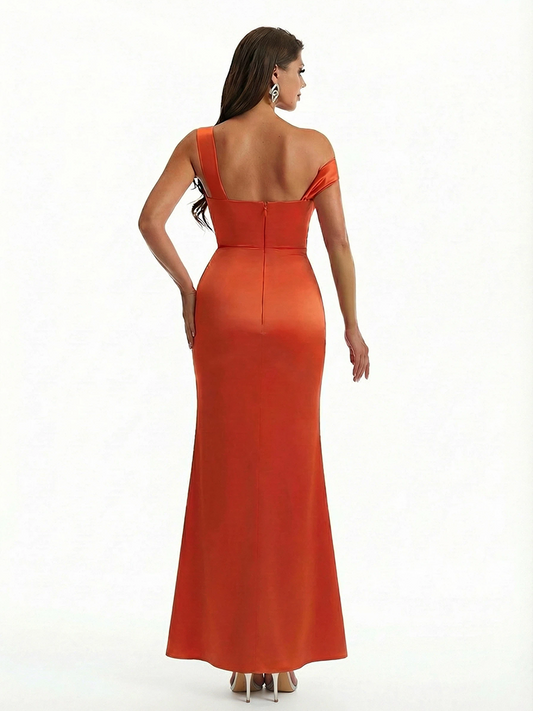 Sexy Asymmetrical Neck Soft Satin Mermaid Long Evening Formal Dresses For Women Side Slit