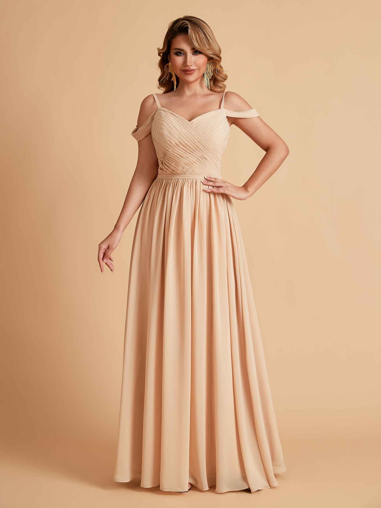Elegant A-line Chiffon Off The Shoulder V-Neck Bridesmaid Dresses Online