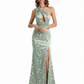 Simple One Shoulder Side Slit Mermaid Floral Satin Maxi Floral Formal Dresses For Women