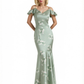 Beautiful Mermaid Cold Shoulder Floral Satin Maxi Floral Formal Dresses For Women