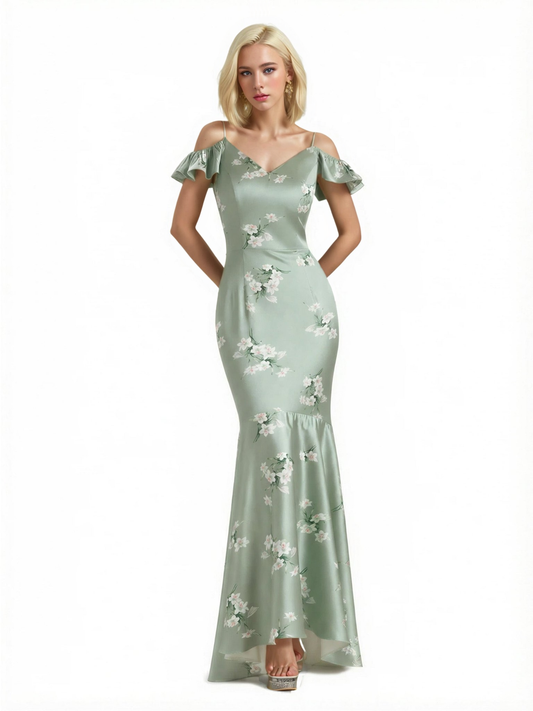 Beautiful Mermaid Cold Shoulder Floral Satin Maxi Floral Formal Dresses For Women