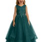 Sleeveless V-Neck Flower Girl Gown Tulle Dress with Beaded Lace Embroidery & Oversized Satin Bow for Formal Events & Weddings