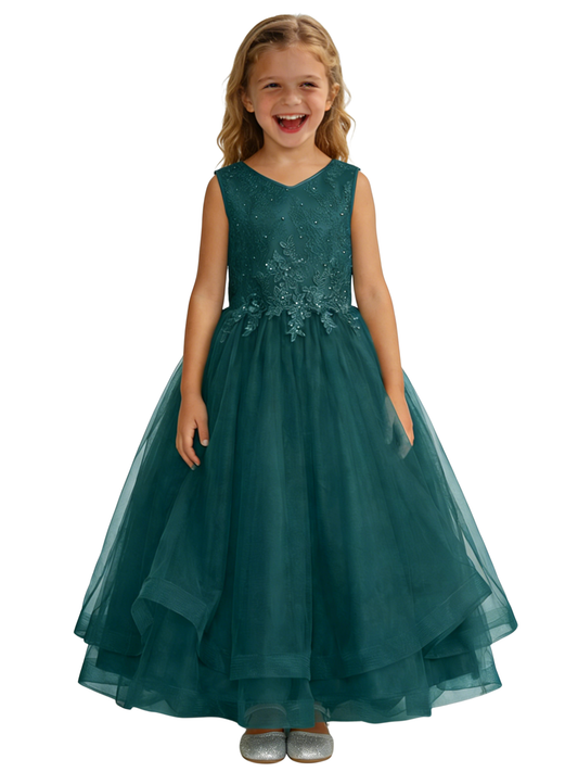 Sleeveless V-Neck Flower Girl Gown Tulle Dress with Beaded Lace Embroidery & Oversized Satin Bow for Formal Events & Weddings