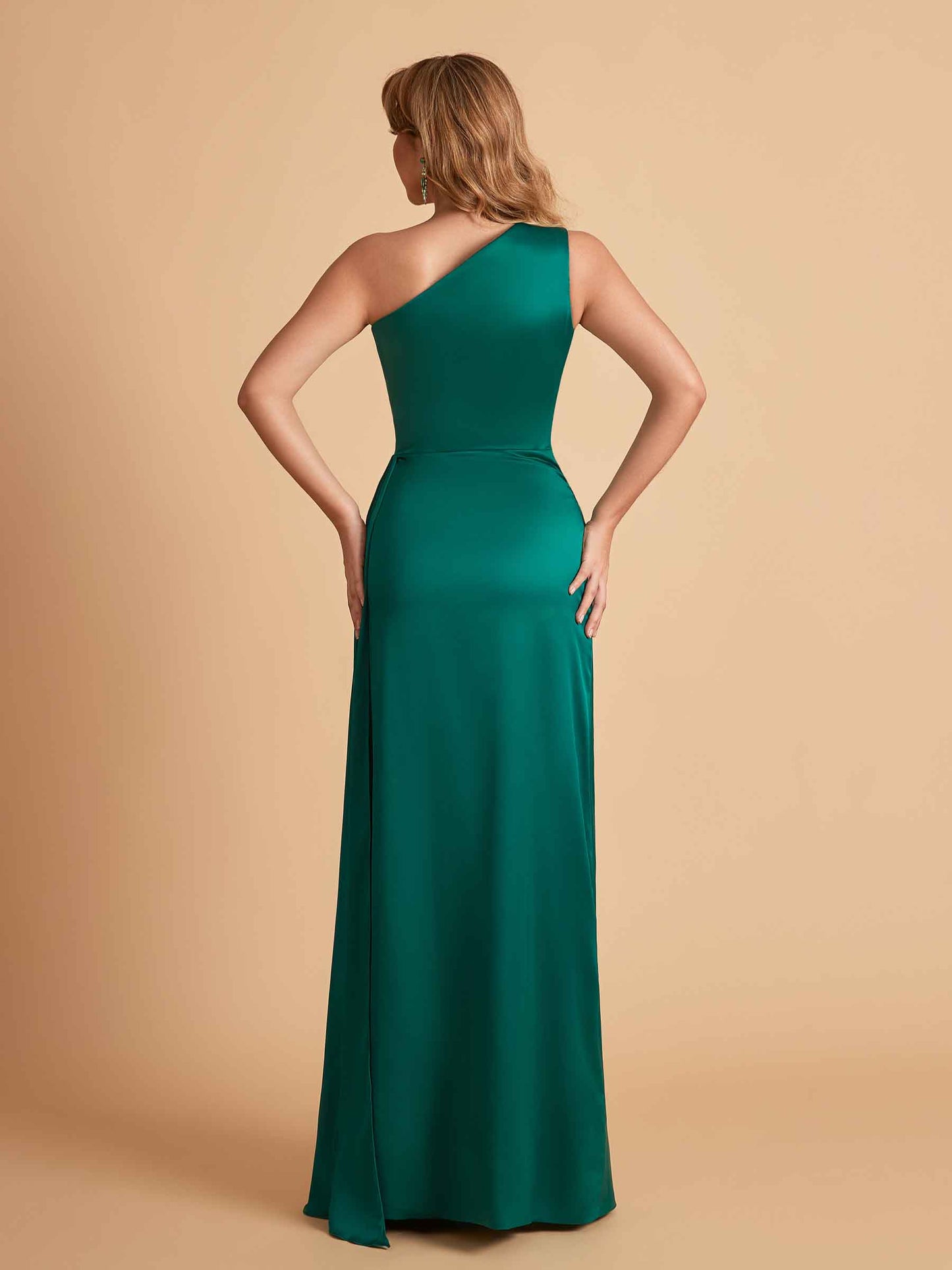 Elegant Soft Satin One Shoulder With Pleats Sheath Long Bridesmaid Dresses