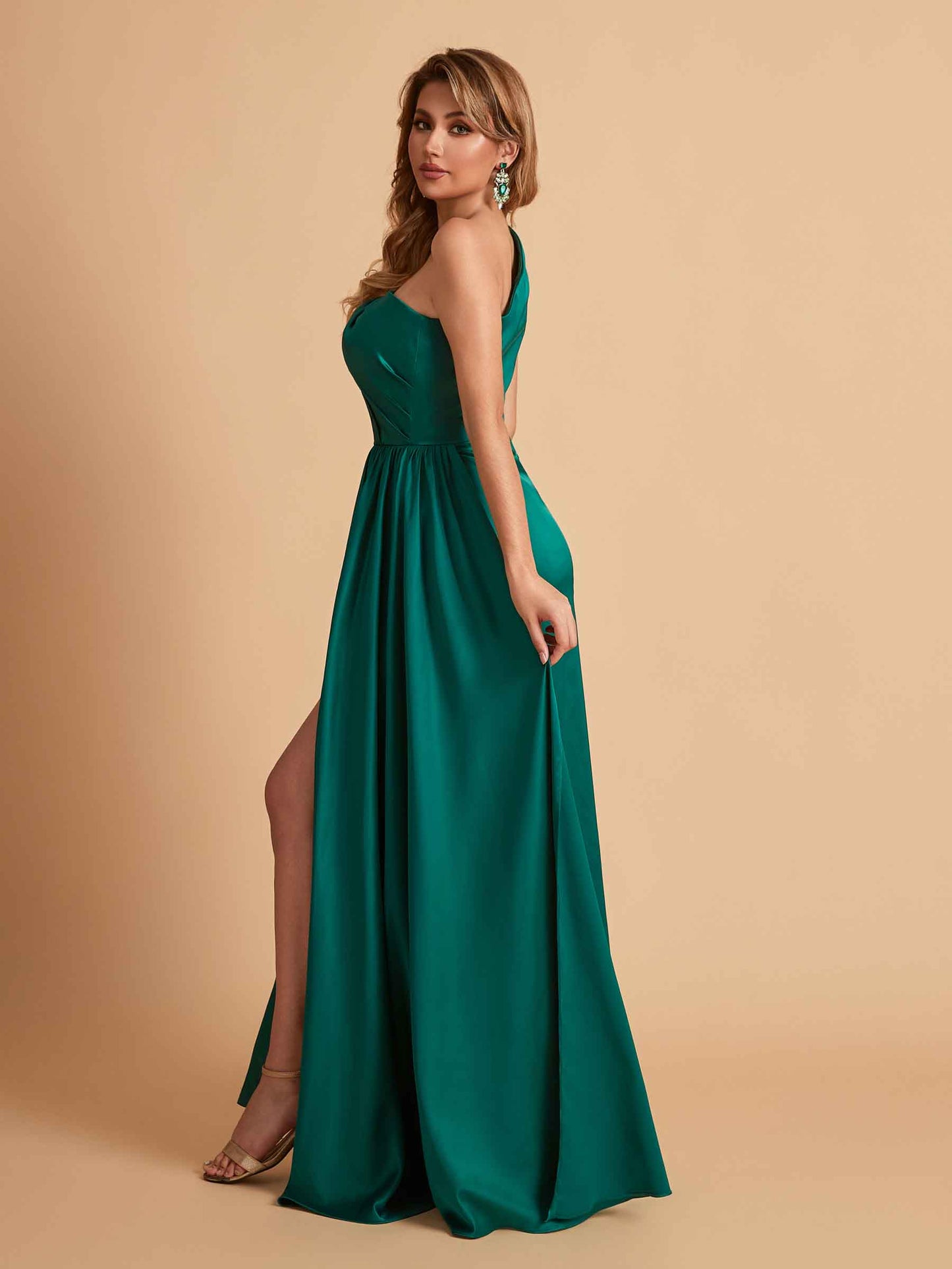 Elegant Soft Satin One Shoulder With Pleats Sheath Long Bridesmaid Dresses