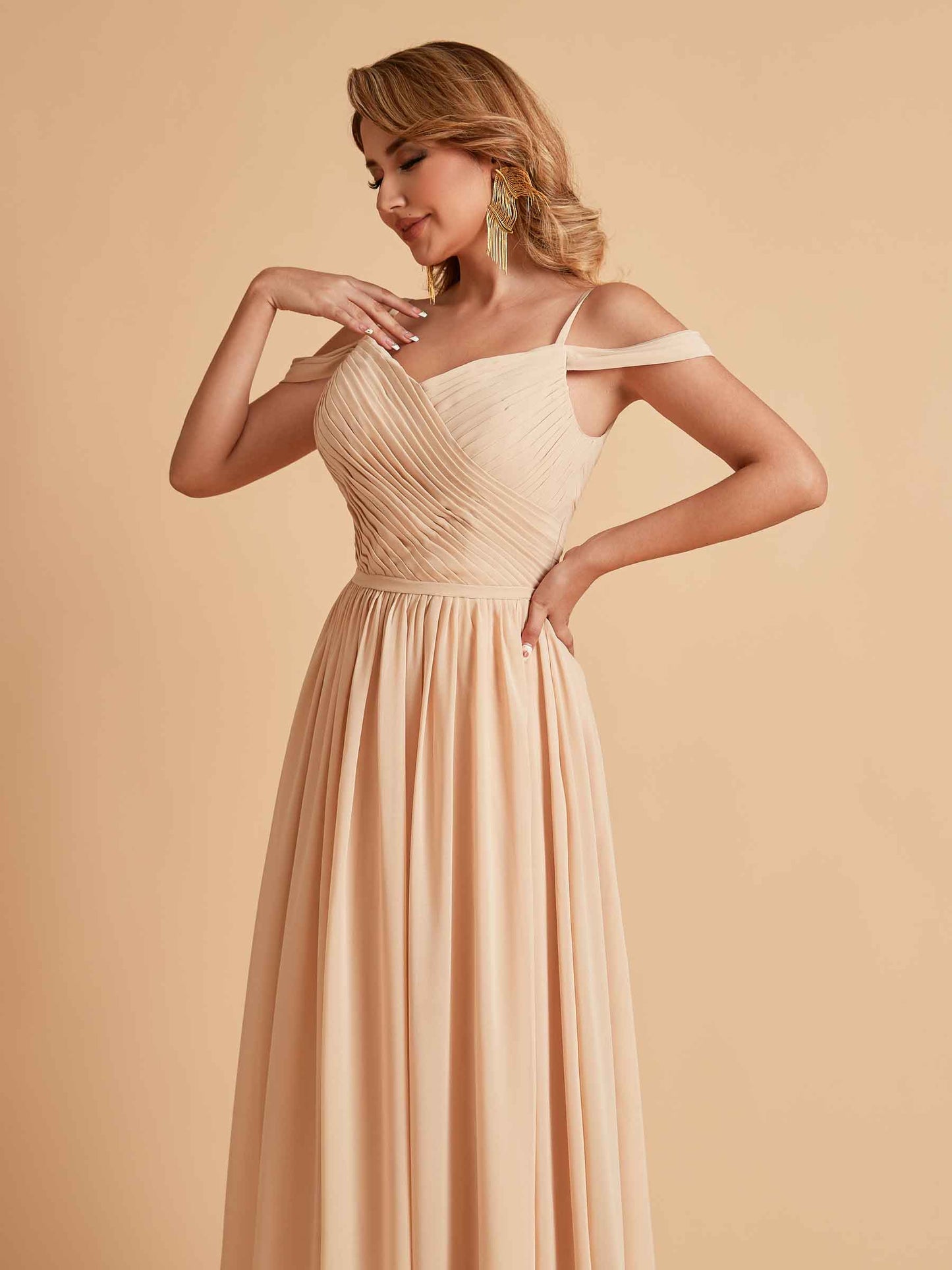 Elegant A-line Chiffon Off The Shoulder V-Neck Bridesmaid Dresses Online