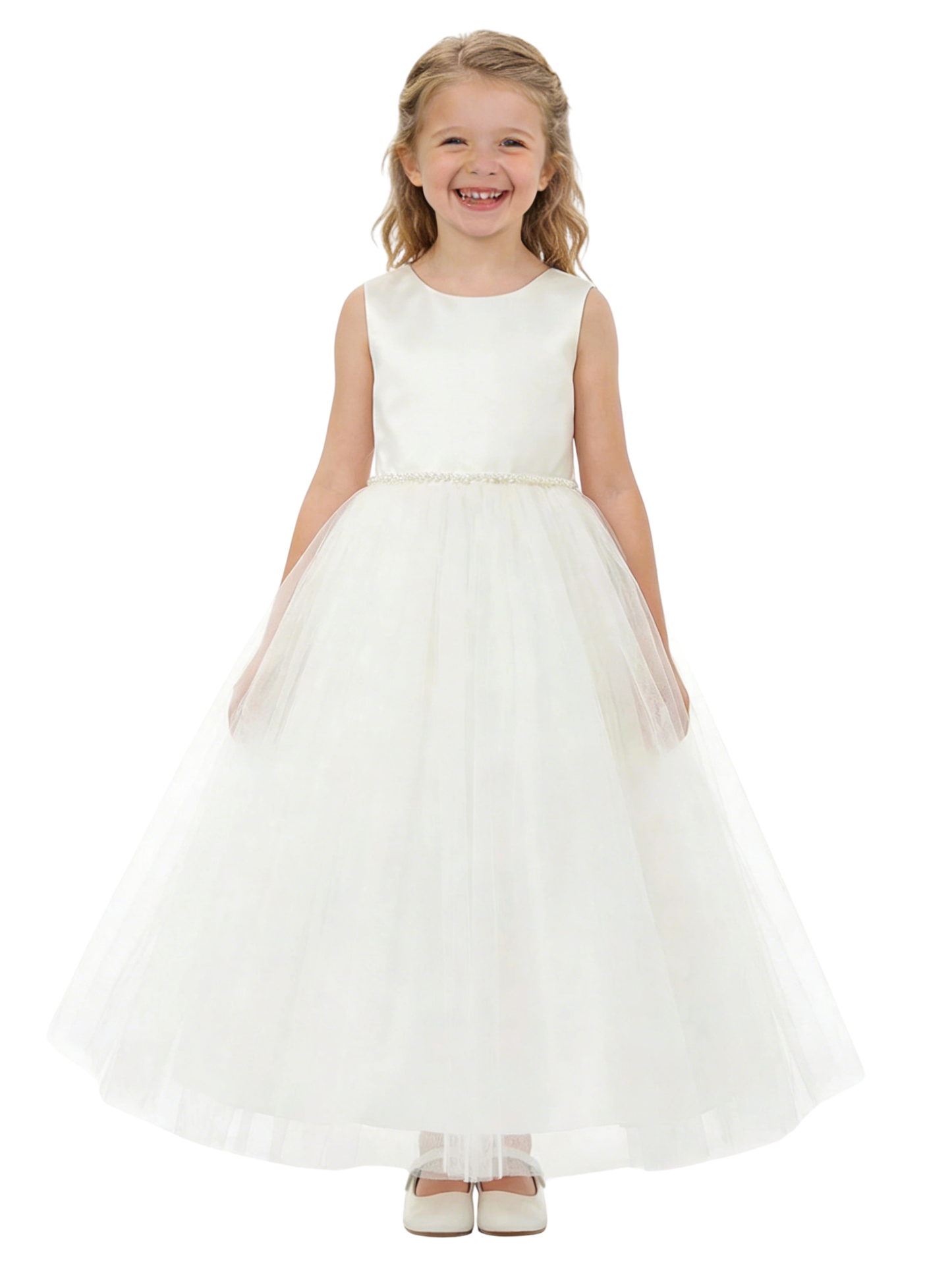Cute Flower Girl Dress Round Neck Pearl A-Line Tulle Sleeveless Back Bow Formal Event Gown