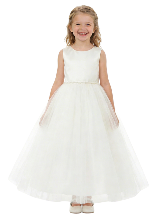 Cute Flower Girl Dress Round Neck Pearl A-Line Tulle Sleeveless Back Bow Formal Event Gown