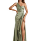 Elegant Soft Satin Side Slit One Shoulder Sexy Mermaid Long Boho Wedding Guest Dress