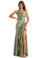 Elegant Soft Satin Side Slit One Shoulder Sexy Mermaid Long Boho Wedding Guest Dress