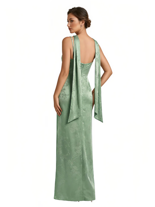 Elegant Jacquard Satin Spaghetti Straps Side Slit Mermaid Long Formal Evening Dresses