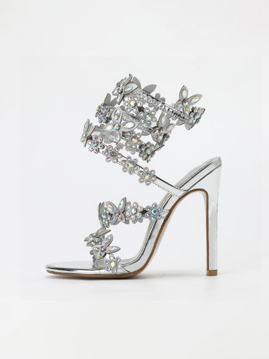 Diamante Heels Wrap Around Strap Fantasy Rhinestone Sparkly Stiletto Heel Sandals