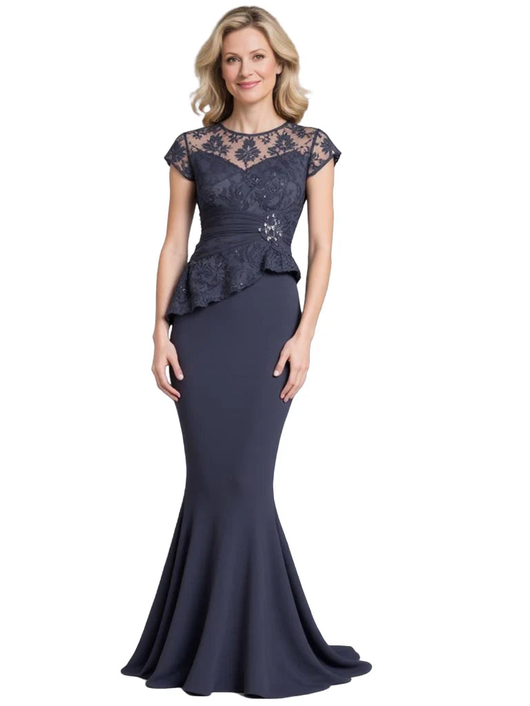 Lace Elegant Mother of The Bride Dress Evening Illusion Cap Sleeve