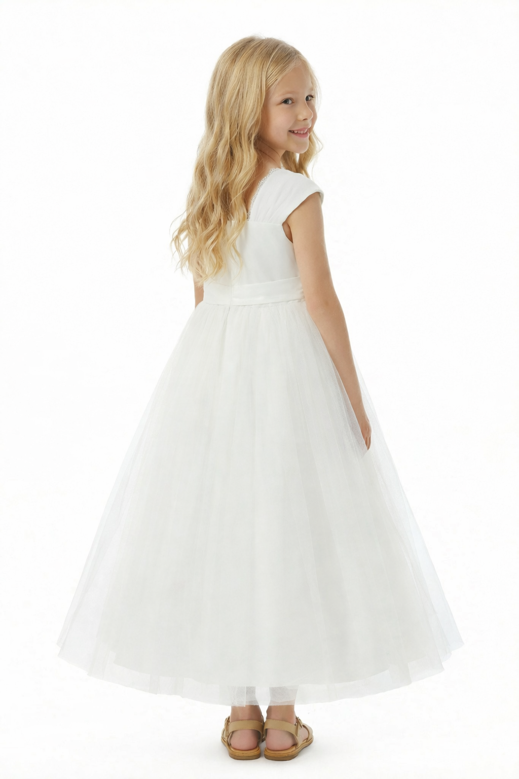 Flower Girl Dress with V Neck Sleeveless A Line Tulle Skirt Bow Detail Elegant Wedding Gown