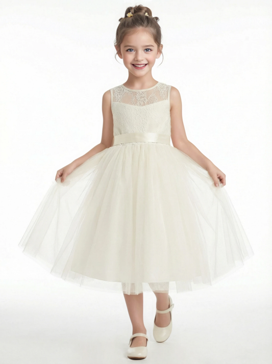 Cute Flowery Dress Lace Girls Wedding Party Dress A-Line Tulle Ball Gowns Sleeveless