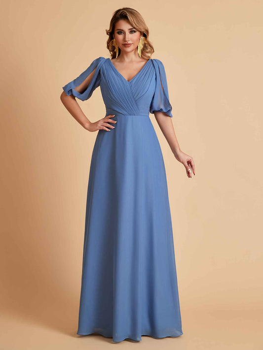 Elegant A-Line Chiffon Half Sleeves V-Neck Mother of the Brides Dresses Online