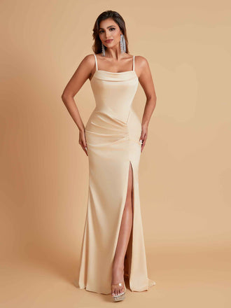Gorgeous Spaghetti Straps Soft Satin Side Slit Floor-Length Mermaid Bridesmaid Dresses