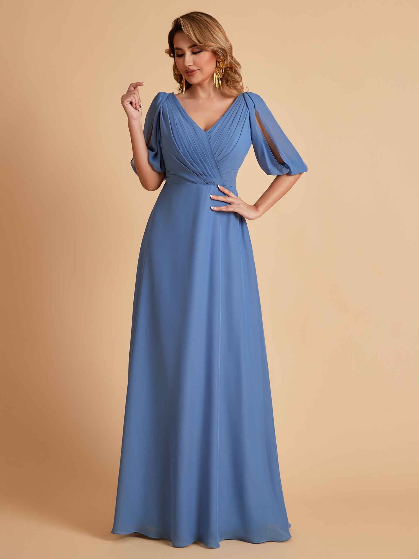Elegant A-Line Chiffon Half Sleeves V-Neck Mother of the Brides Dresses Online