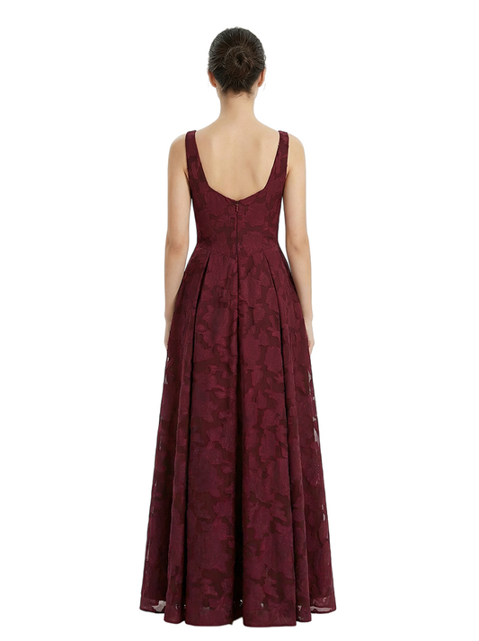 Elegant Square Ruching Floral Burnout Chiffon A-line Formal Evening Dresses