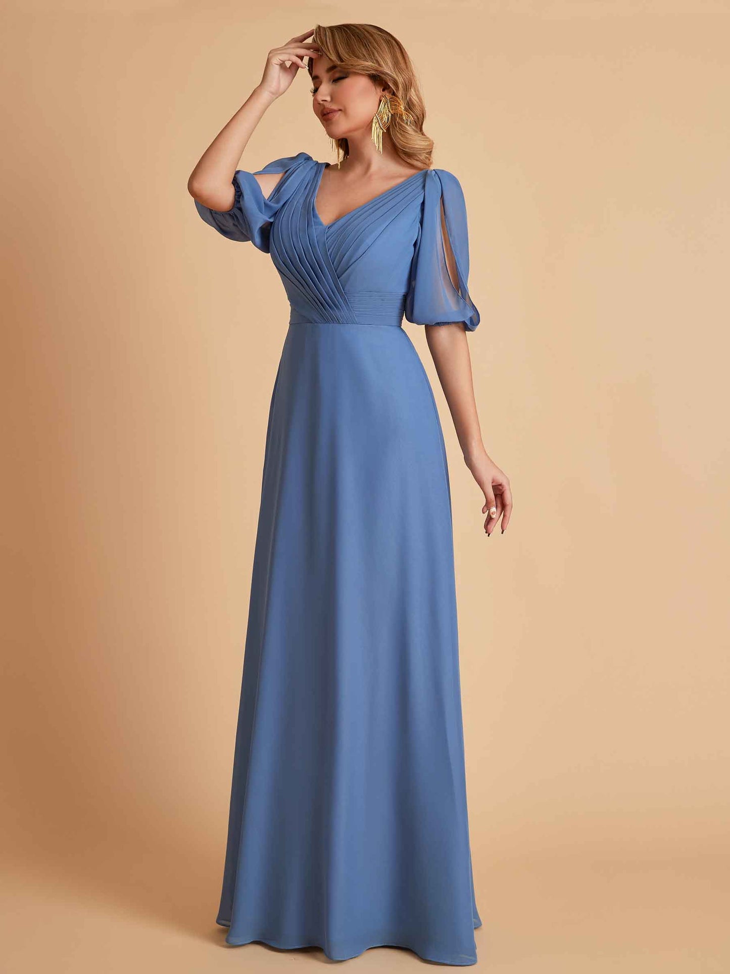Elegant A-Line Chiffon Half Sleeves V-Neck Mother of the Brides Dresses Online