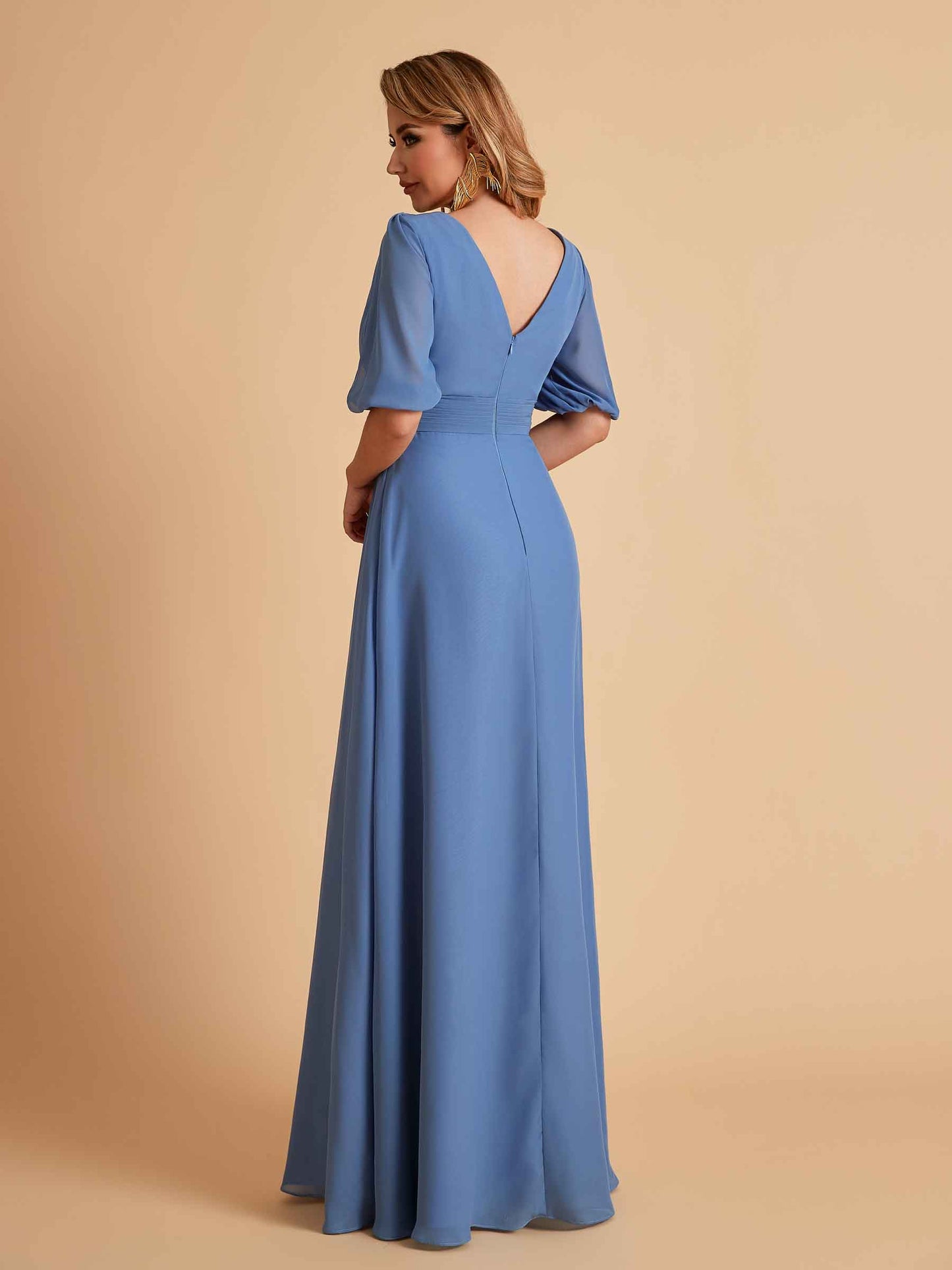 Elegant A-Line Chiffon Half Sleeves V-Neck Mother of the Brides Dresses Online