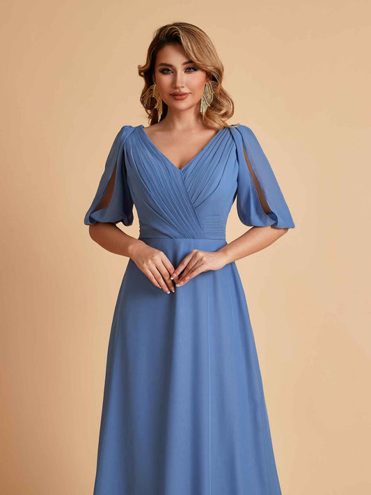 Elegant A-Line Chiffon Half Sleeves V-Neck Mother of the Brides Dresses Online