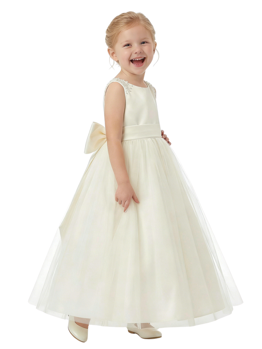Charming Flower Girl Dress Round Neck Sleeveless A-Line Floor-Length Satin & Tulle Gown with Pearl Embellishments