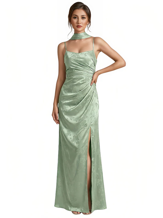 Elegant Jacquard Satin Spaghetti Straps Side Slit Mermaid Long Formal Evening Dresses
