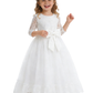 Three-Quarter Sleeve Round-Neck Flower Girl Gown Tulle Dress with Lace Overlay Satin Bow & Ruffled Hem for Wedding Celebrations