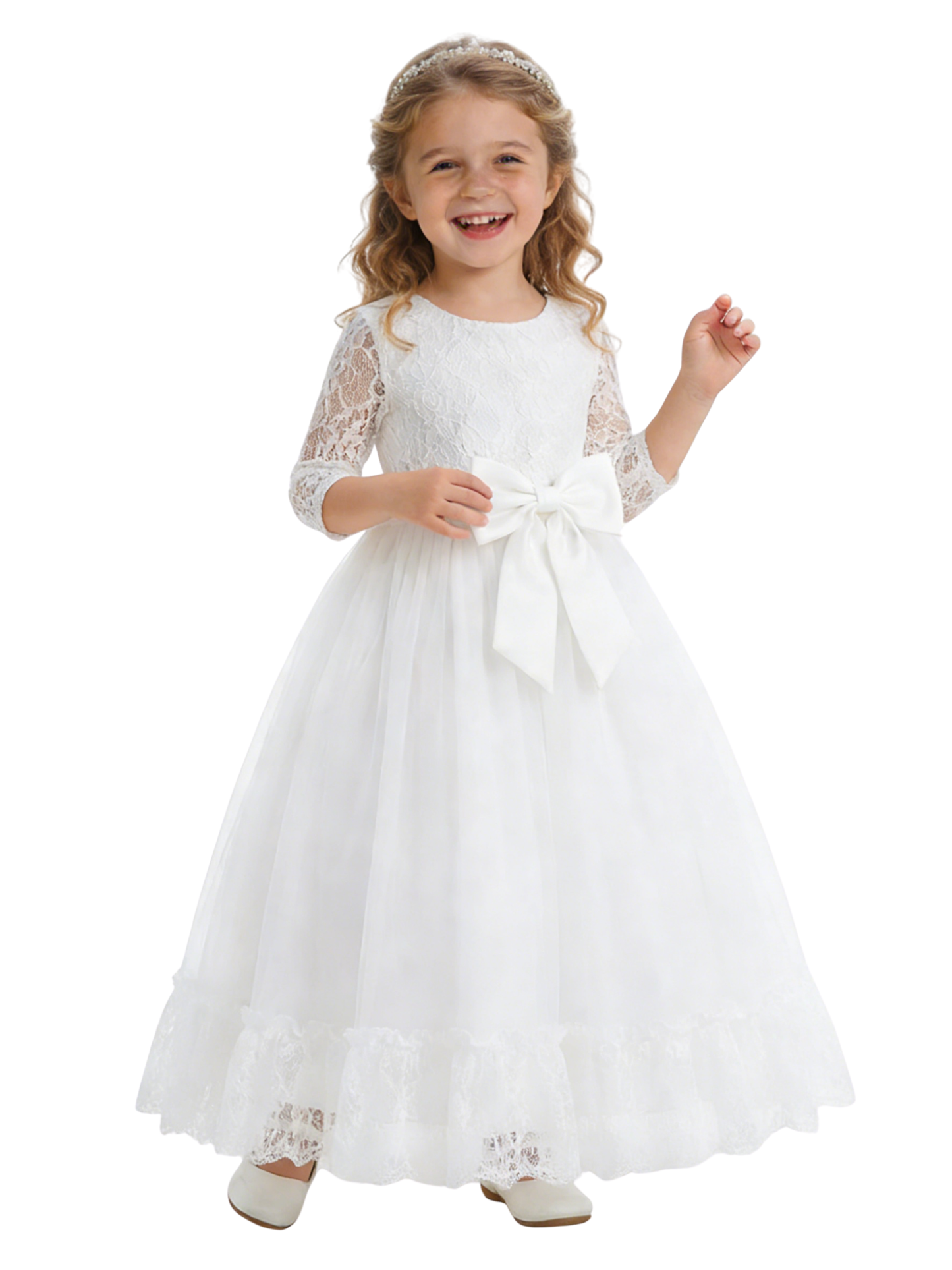 Three-Quarter Sleeve Round-Neck Flower Girl Gown Tulle Dress with Lace Overlay Satin Bow & Ruffled Hem for Wedding Celebrations