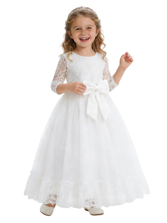 Three-Quarter Sleeve Round-Neck Flower Girl Gown Tulle Dress with Lace Overlay Satin Bow & Ruffled Hem for Wedding Celebrations