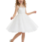 V-Neck Lace Flower Girl Dress with Sleeveless Bodice and Tea Length Princess Tulle Skirt