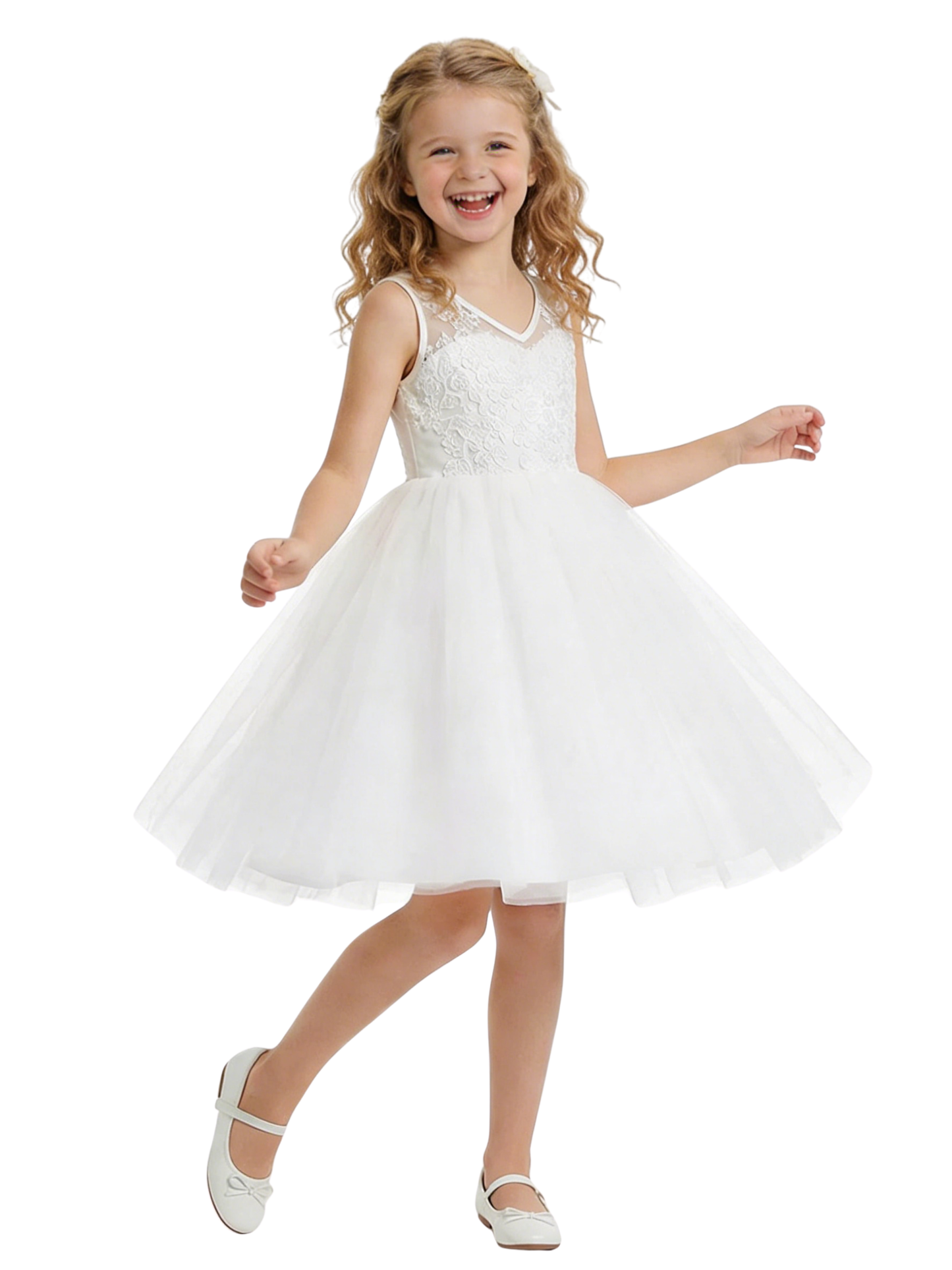 V-Neck Lace Flower Girl Dress with Sleeveless Bodice and Tea Length Princess Tulle Skirt