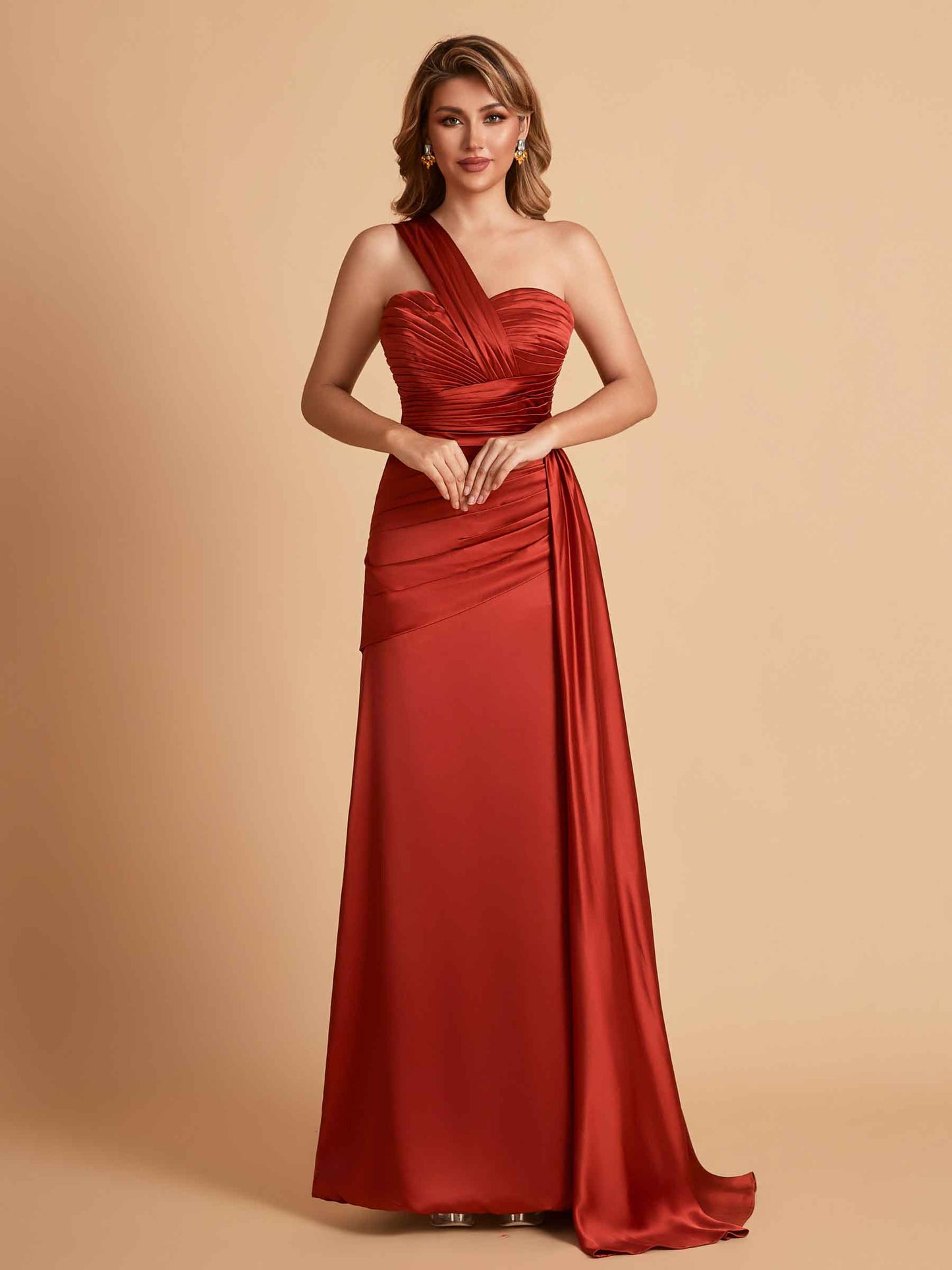 Sexy Satin Sheath One Shoulder With Train Elegant Long Bridesmaid Dresses