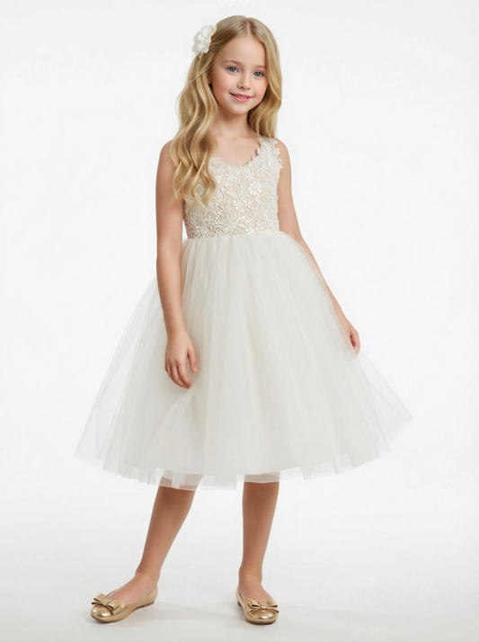 Spaghetti Strap Lace Tulle Flower Girl Dress Floral Embroidery Sleeveless Elegant Cute Flower Tulle Dress for Kids