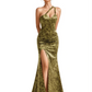 Elegant One Shoulder Side Slit Mermaid Floral Satin Maxi Floral Formal Dresses For Women