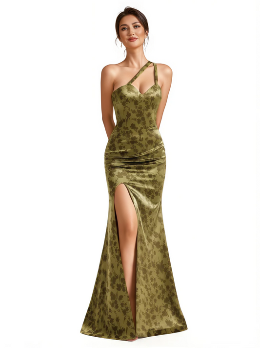 Elegant One Shoulder Side Slit Mermaid Floral Satin Maxi Floral Formal Dresses For Women