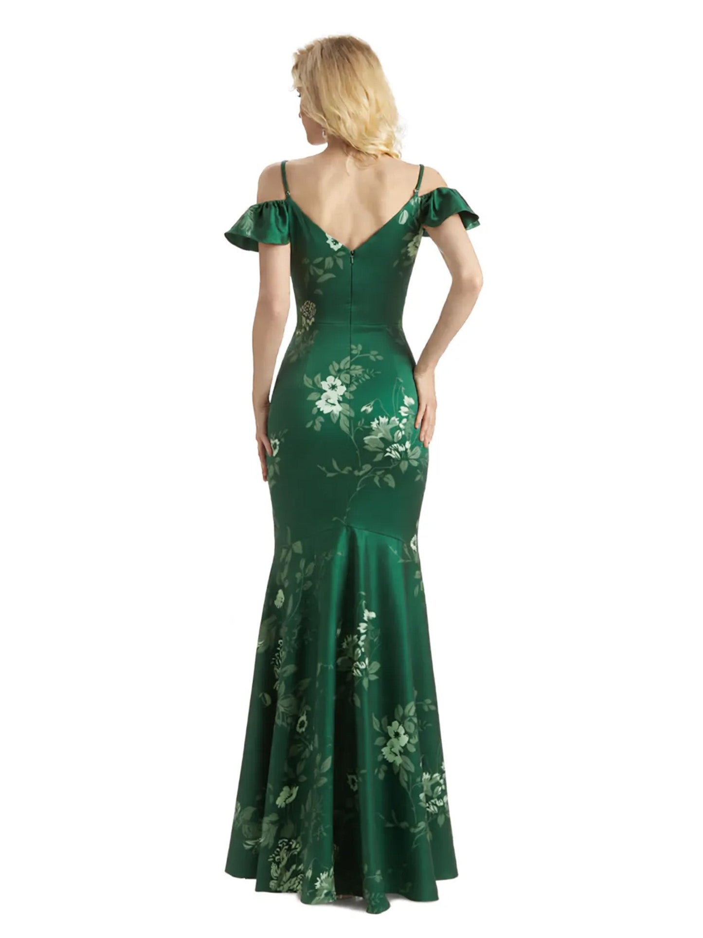 Beautiful Mermaid Cold Shoulder Floral Satin Maxi Floral Formal Dresses For Women