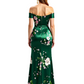 Simple Off Shoulder Side Slit Mermaid Long Satin Floral Formal Evening Dresses For Ladies