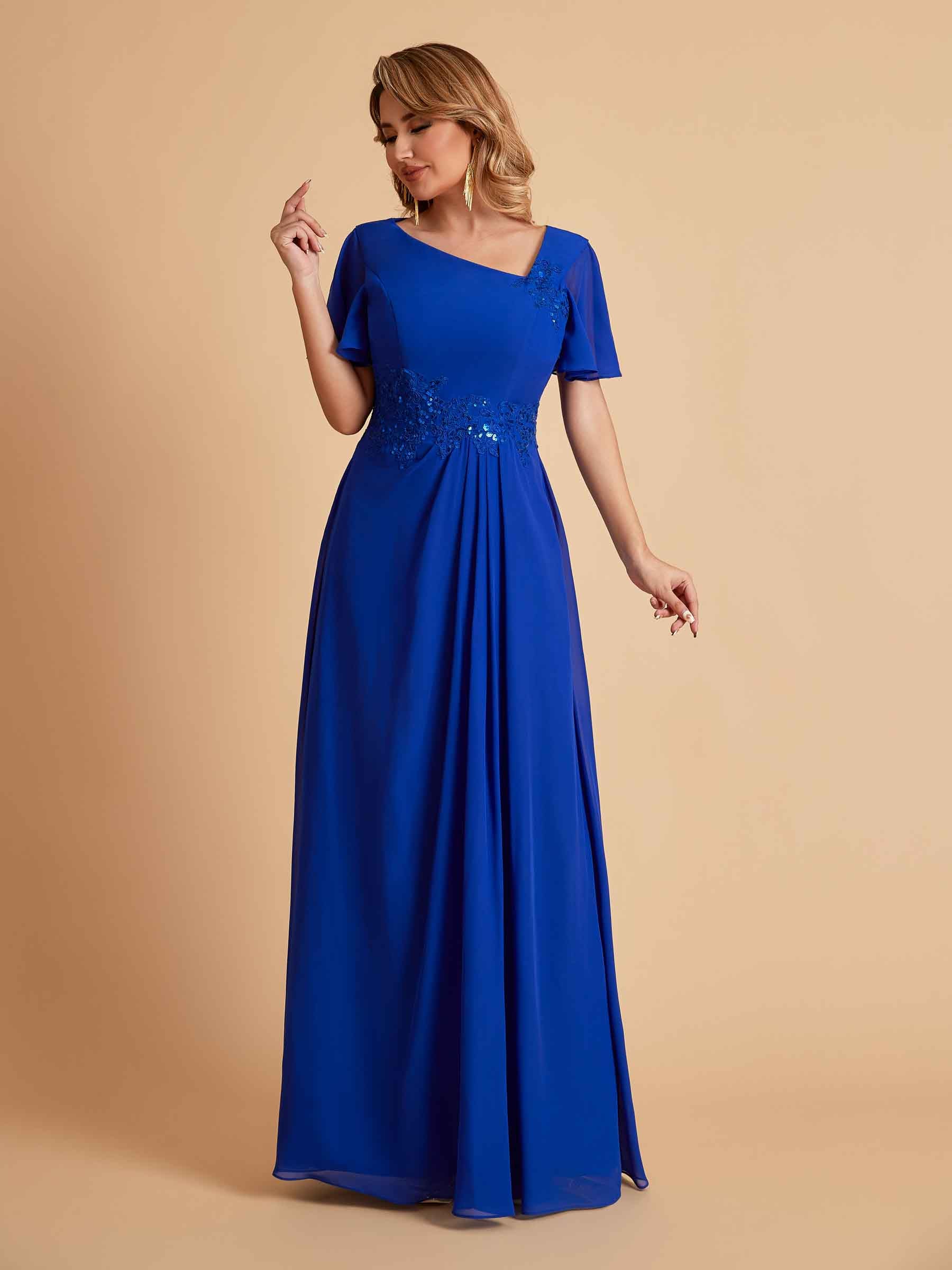 Elegant A-Line Chiffon Short Sleeves V-Neck Mother of the Brides Dresses Online