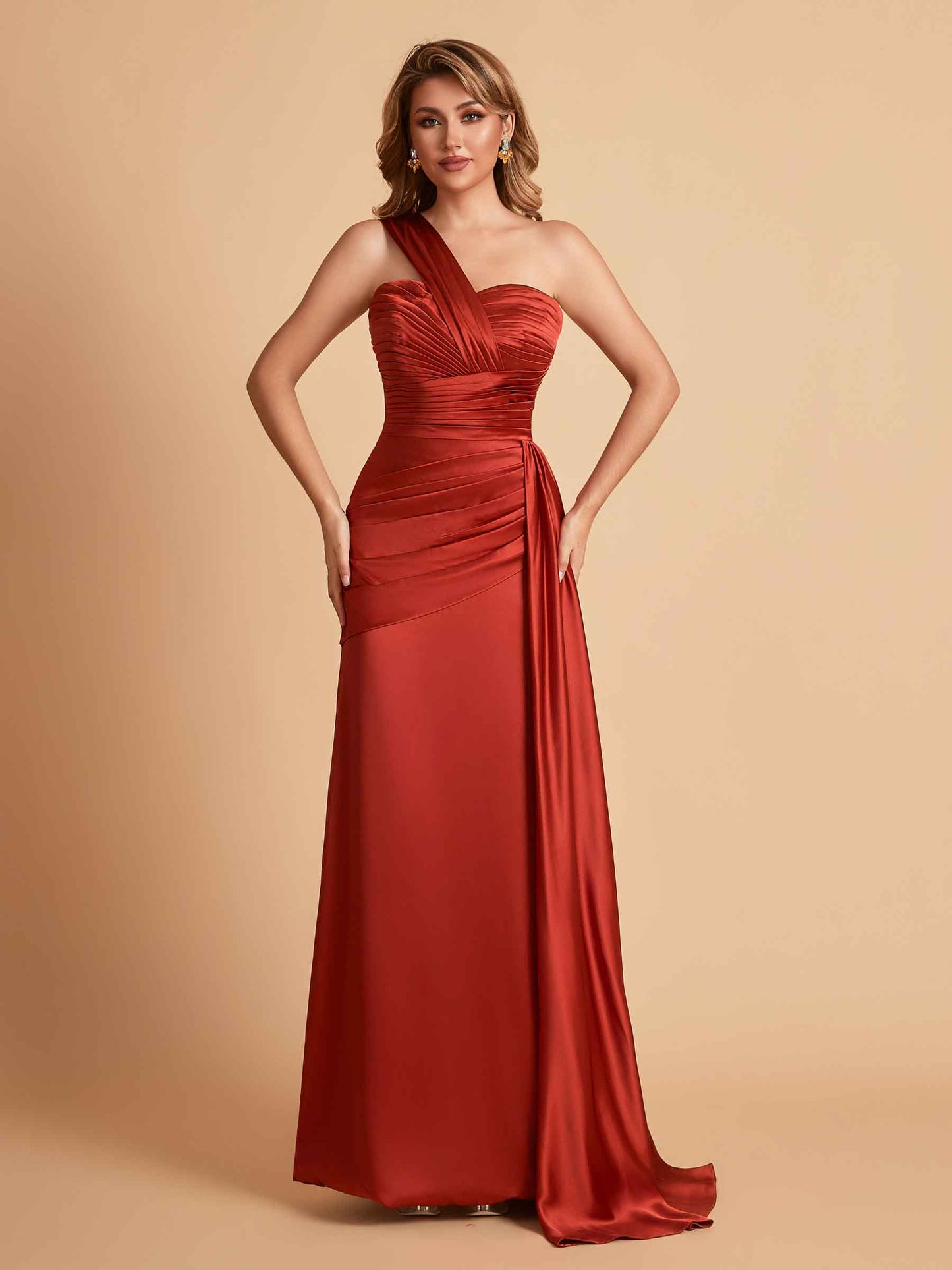 Sexy Satin Sheath One Shoulder With Train Elegant Long Bridesmaid Dresses