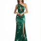 Simple One Shoulder Side Slit Mermaid Floral Satin Maxi Floral Formal Dresses For Women