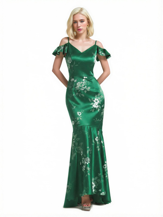 Beautiful Mermaid Cold Shoulder Floral Satin Maxi Floral Formal Dresses For Women