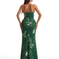 Simple Halter Side Slit Mermaid Floral Satin Maxi Floral Formal Dresses For Women