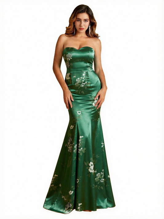Sexy Sweetheart Mermaid Long Satin Floral Formal Dresses For Women