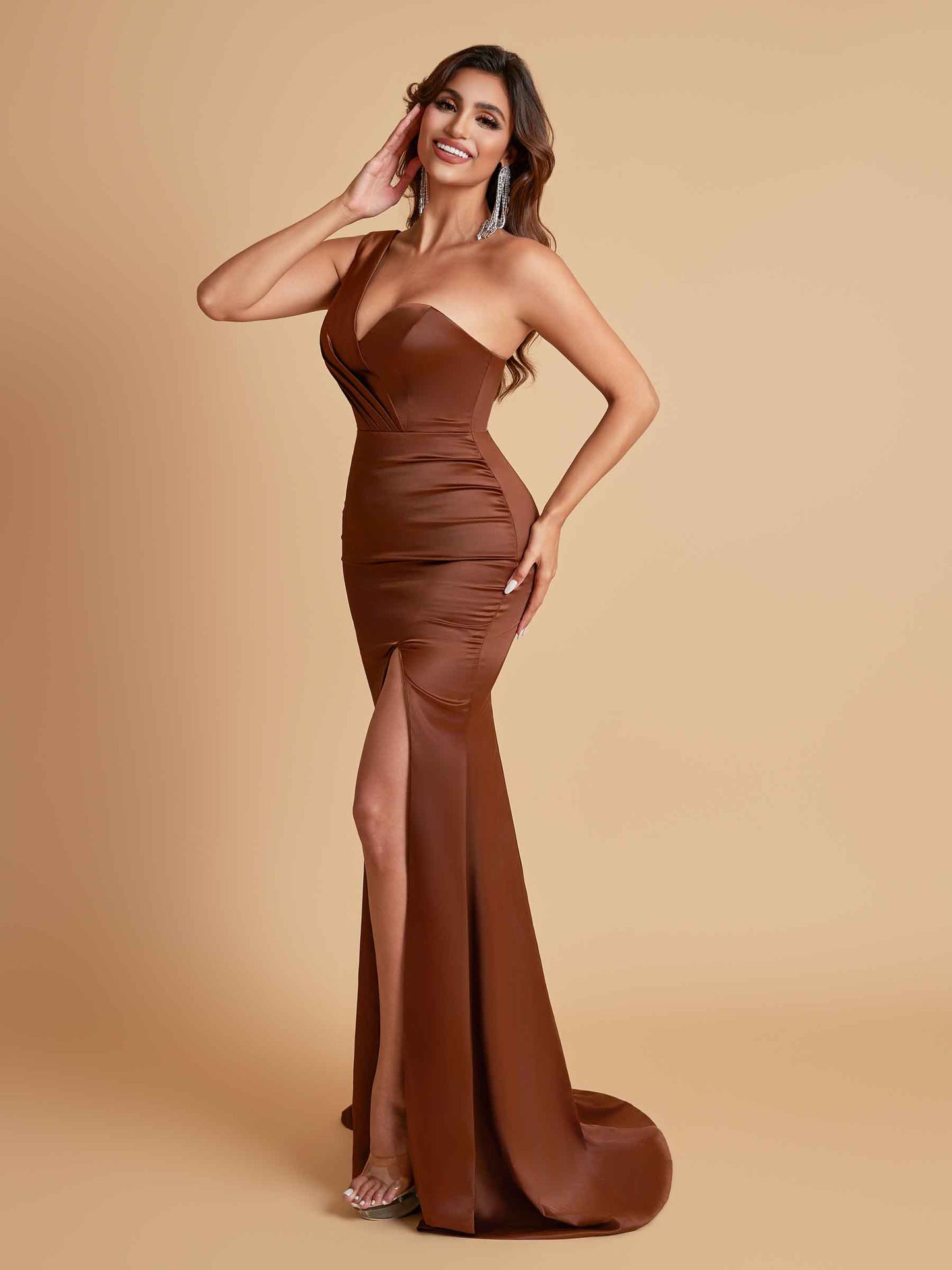 Gorgeous One Shoulder Soft Satin Side Slit Floor-Length Mermaid Bridesmaid Dresses