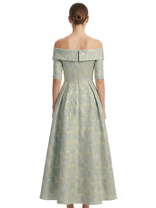 Kiarelys Elegant Floral Jacquard Off Shoulder Tea-Length Formal Evening Dresses